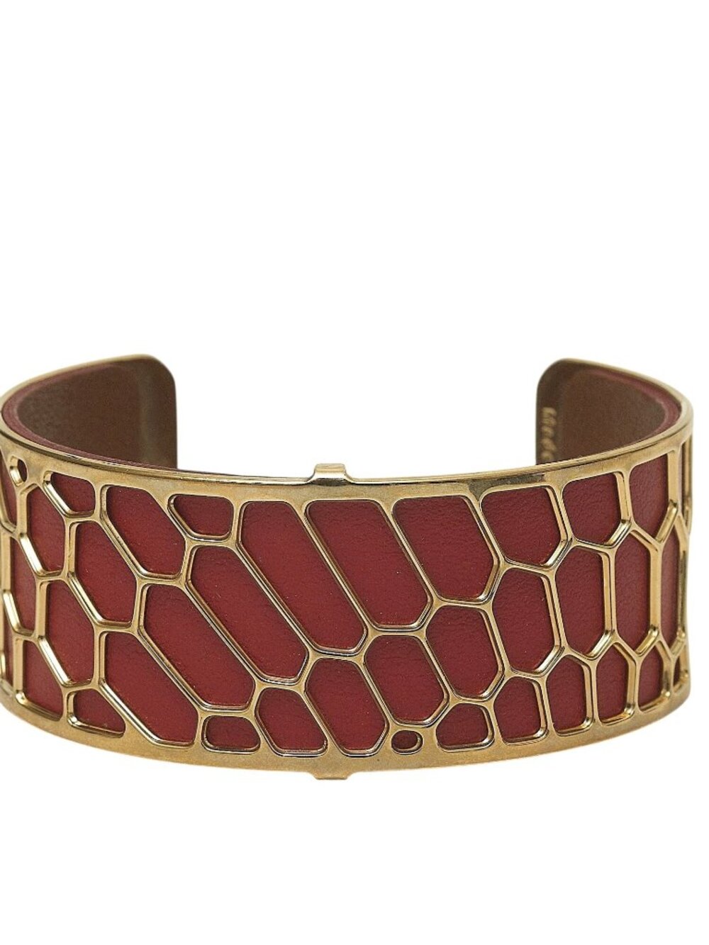 LES GEORGETTES Gold Plated Cuff Bracelet Red Leather Honeycomb Design France